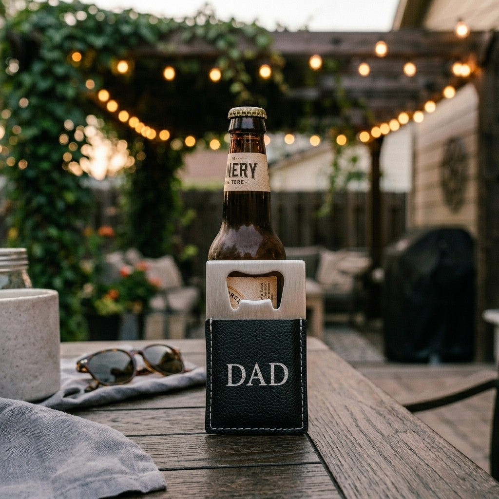 Black leatherette and stainless steel bottle opener with a sleek design, silver engraving option, and gift box packaging, making it a unique Father's Day gift.
