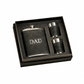 Black leatherette flask and stainless steel shot glass gift set, featuring an 8 oz flask, two matching shot glasses, and a presentation box, making a sophisticated Father’s Day gift.
