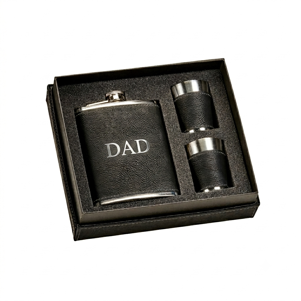 Black leatherette flask and stainless steel shot glass gift set, featuring an 8 oz flask, two matching shot glasses, and a presentation box, making a sophisticated Father’s Day gift.