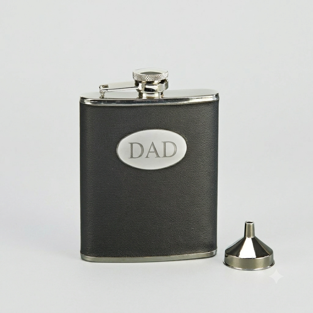 Black leatherette flask with a stainless steel body and engraving plate for a custom engraved design, making it a thoughtful Father's Day gift.
