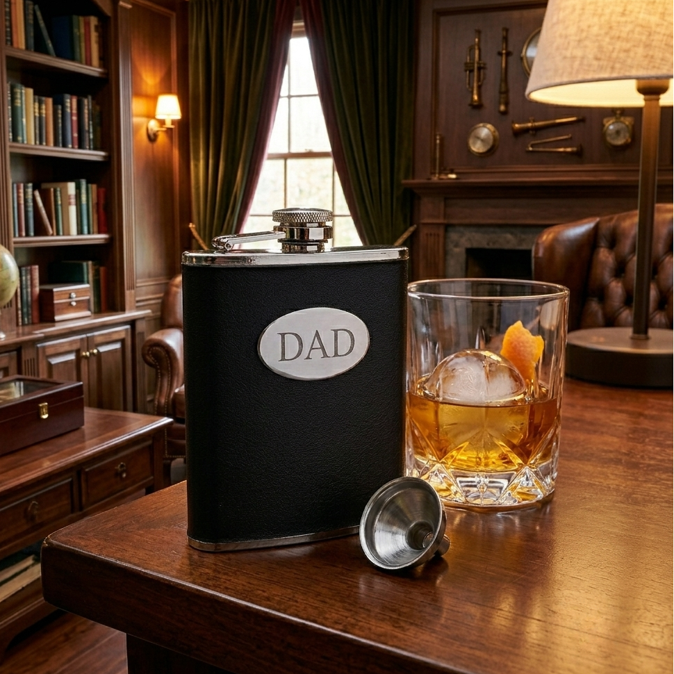 Black leatherette flask with a stainless steel body and engraving plate for a custom engraved design, making it a thoughtful Father's Day gift.