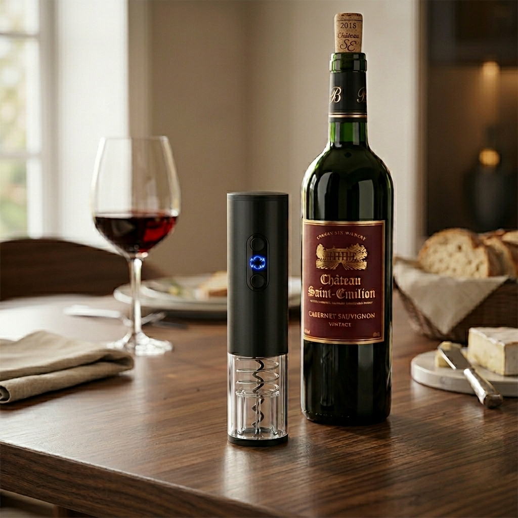 Black rechargeable wine opener with a brushed aluminum finish, stainless steel corkscrew, foil cutter, and USB charging cord, making it a sophisticated Father's Day gift for wine lovers.