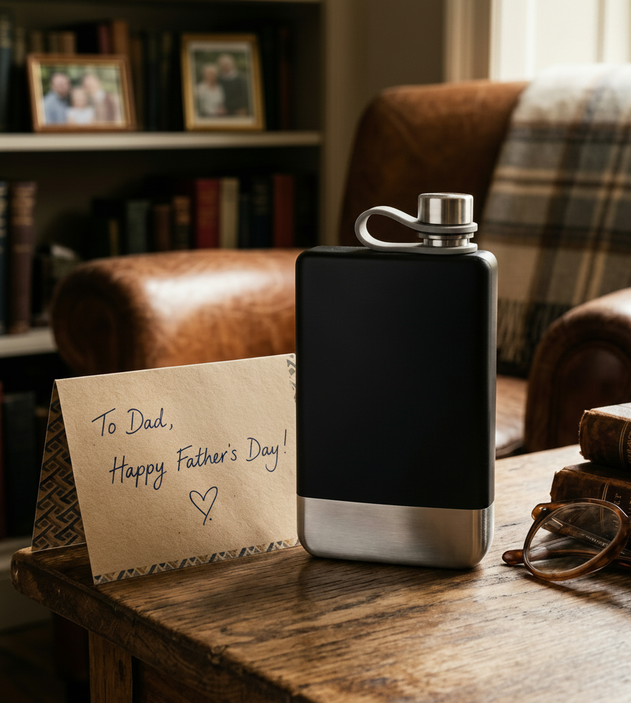 8 oz black stainless steel flask with a silver bottom and integrated lanyard cap, a stylish and practical Father's Day gift for travel, outdoor adventures, or everyday enjoyment.