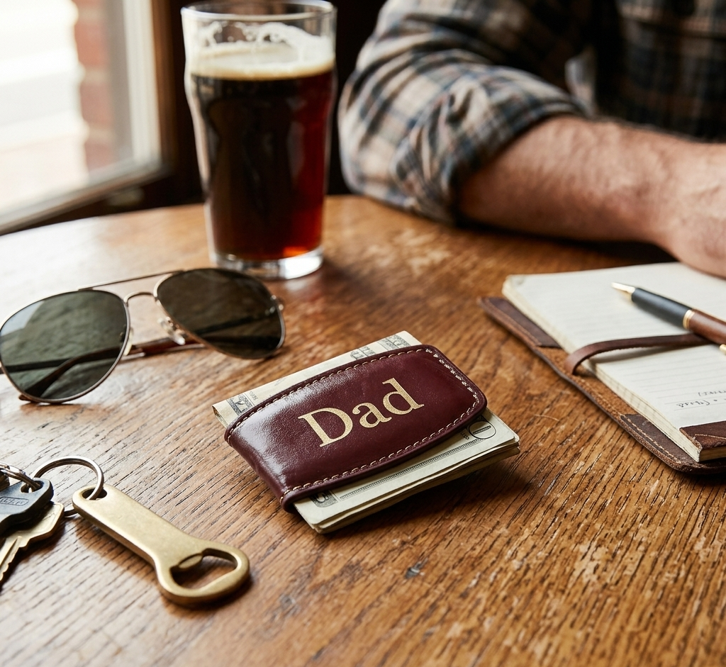 Brown leather money clip, compact minimalist accessory designed for securely holding folded bills and cards, featuring a sleek, durable leather finish, making it a perfect Father’s Day gift for everyday use.
