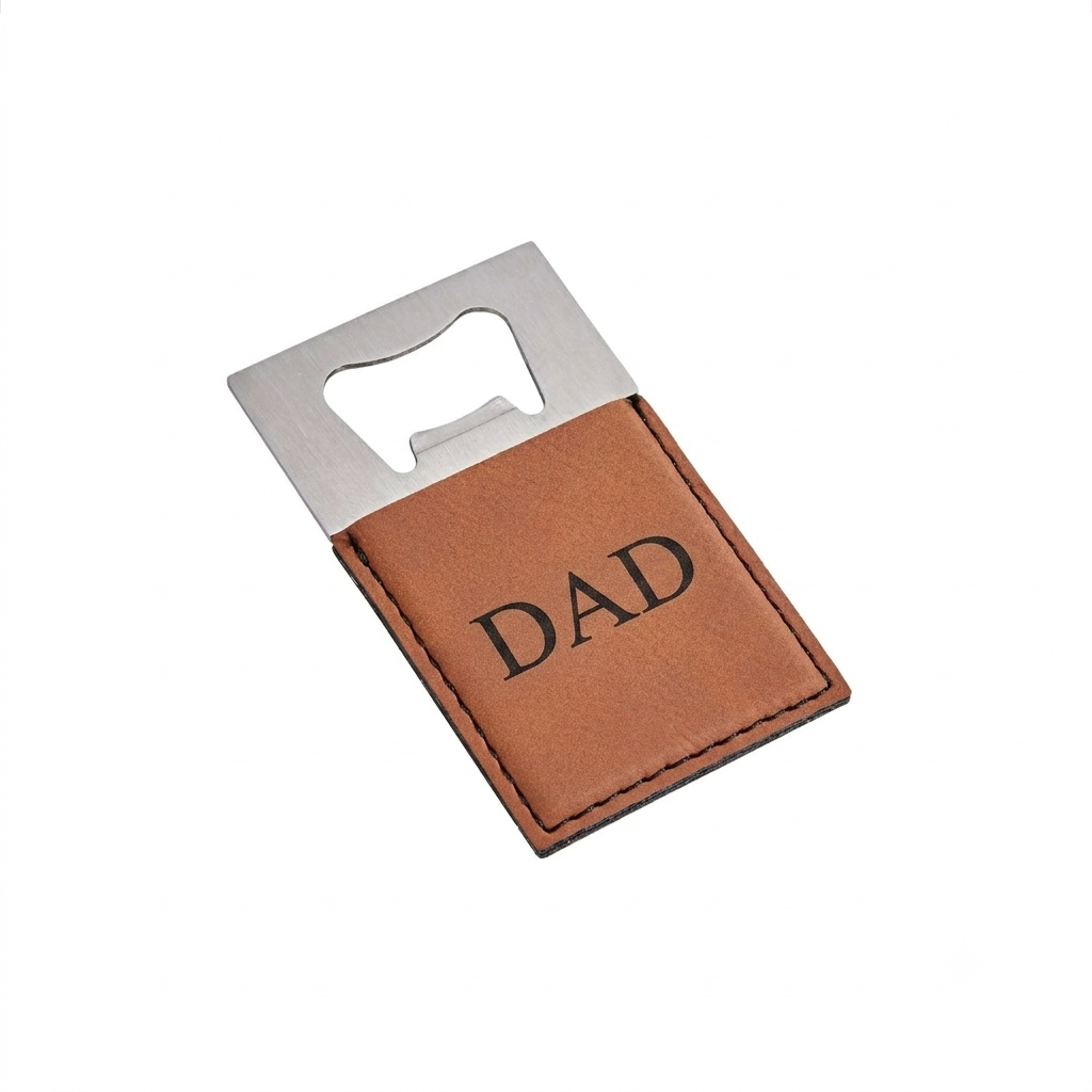Caramel leatherette and stainless steel bottle opener, 3.5 x 2 inches, with a laser-engravable surface and gift box, making a thoughtful Father's Day gift.