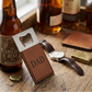 Caramel leatherette and stainless steel bottle opener, 3.5 x 2 inches, with a laser-engravable surface and gift box, making a thoughtful Father's Day gift.