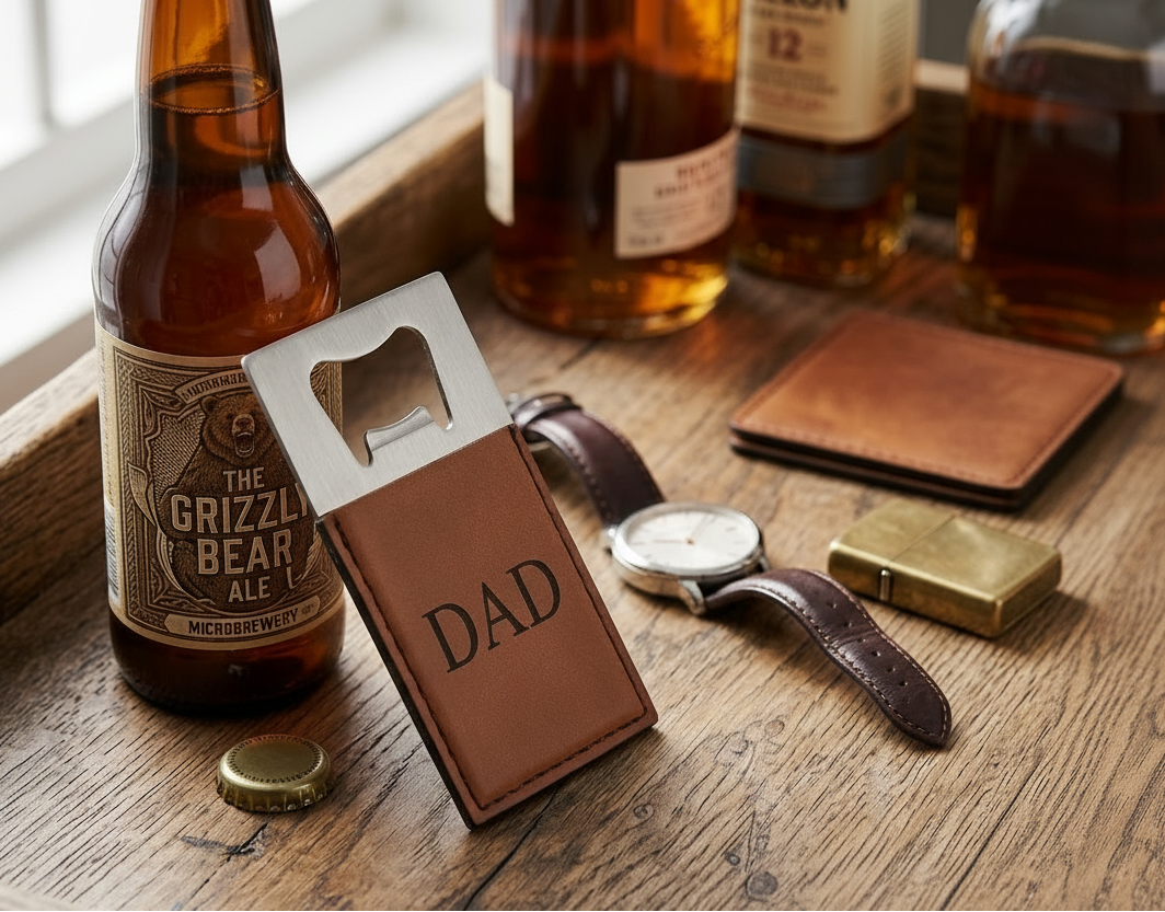 Caramel leatherette and stainless steel bottle opener, 3.5 x 2 inches, with a laser-engravable surface and gift box, making a thoughtful Father's Day gift.