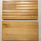 American Flag-shaped acacia wood serving board in a natural brown finish, designed for charcuterie, cheese, fruit, or appetizers, and suitable for personalization as a unique gift.
