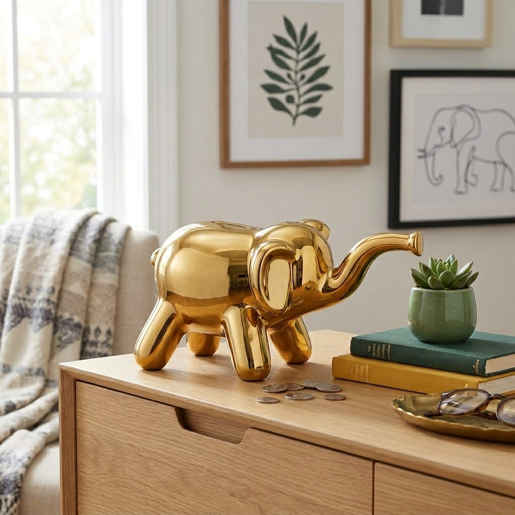 Gold ceramic elephant coin bank measuring 4.75 inch x 4.5 inch x 8 inch, a charming decorative savings bank for nurseries, bedrooms, and gift giving.