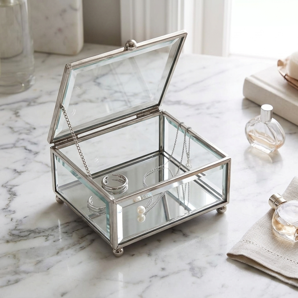 Claro hinged glass jewelry box with beveled glass, mirror bottom, and metal frame. Measures 3.5 inch x 3.5 inch x 2 inch, ideal for jewelry, keepsakes, and collectibles.