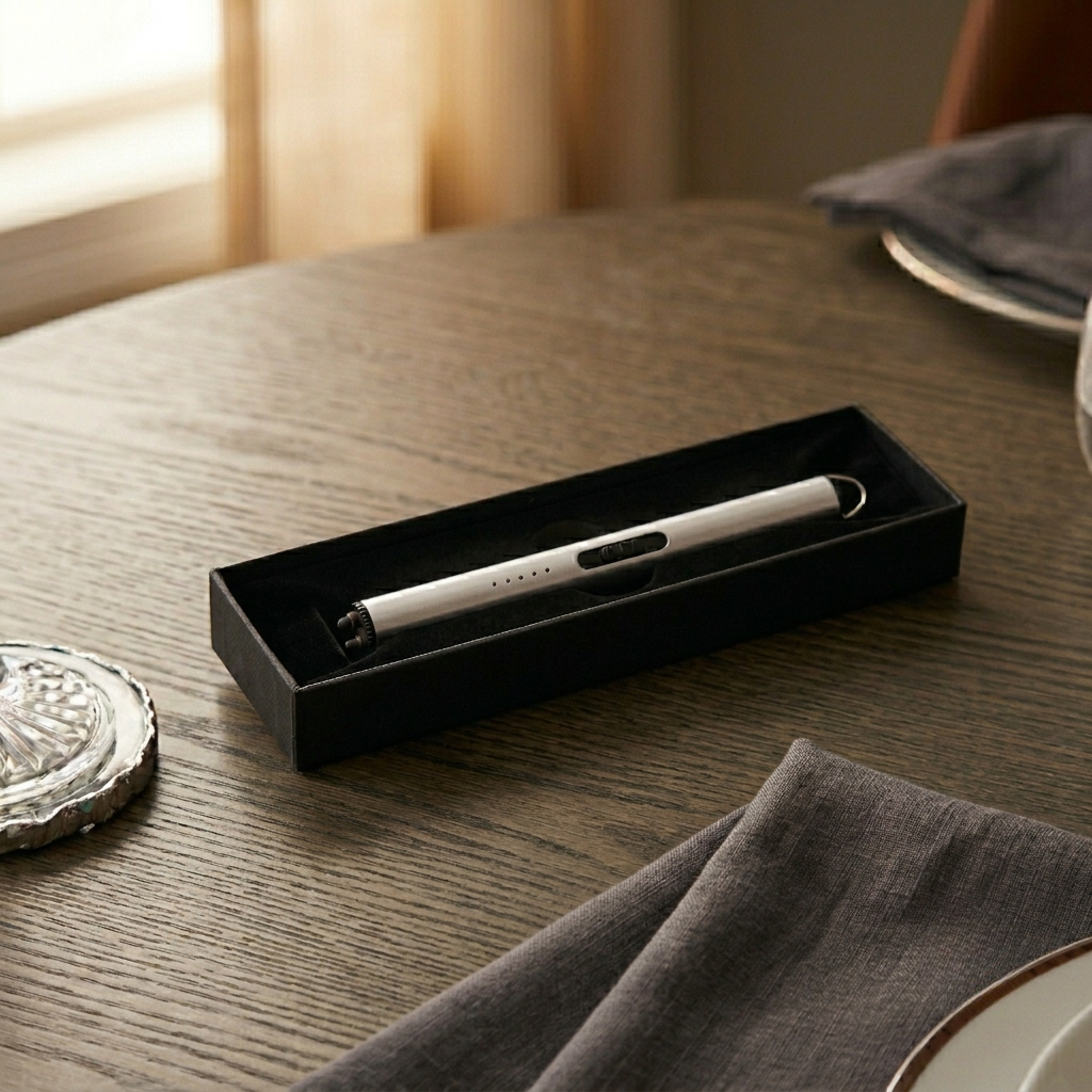Silver flameless cylinder lighter with a sleek rechargeable design, double safety switch, windproof functionality, and USB charging, making it a useful Father's Day gift for candle lighting and outdoor activities.