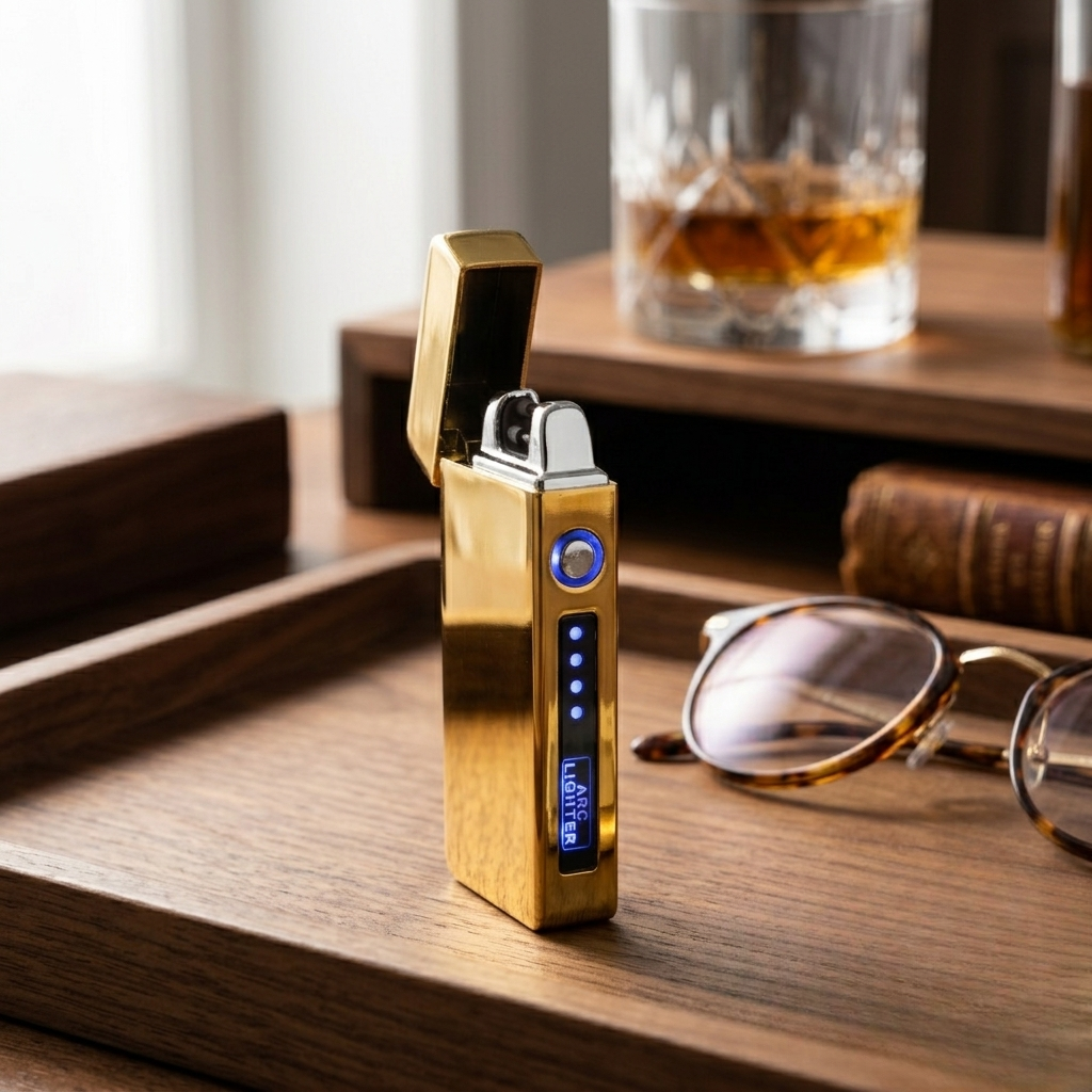 Gold flameless flip-top lighter with a sleek rechargeable design, a unique Father's Day gift for Dad.