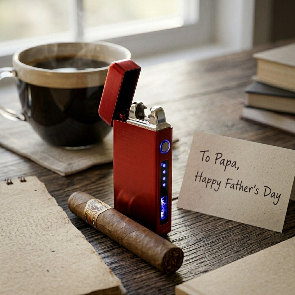 Red satin flameless flip-top lighter with dual arc technology, USB rechargeable design, windproof performance, and built-in safety features, making it a distinctive Father's Day gift.