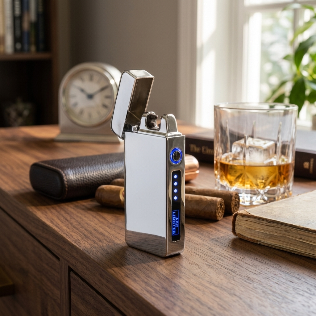 Silver flameless flip-top lighter with a high-polish finish, dual-arc technology, and USB rechargeable power, making a modern and practical Father’s Day gift.