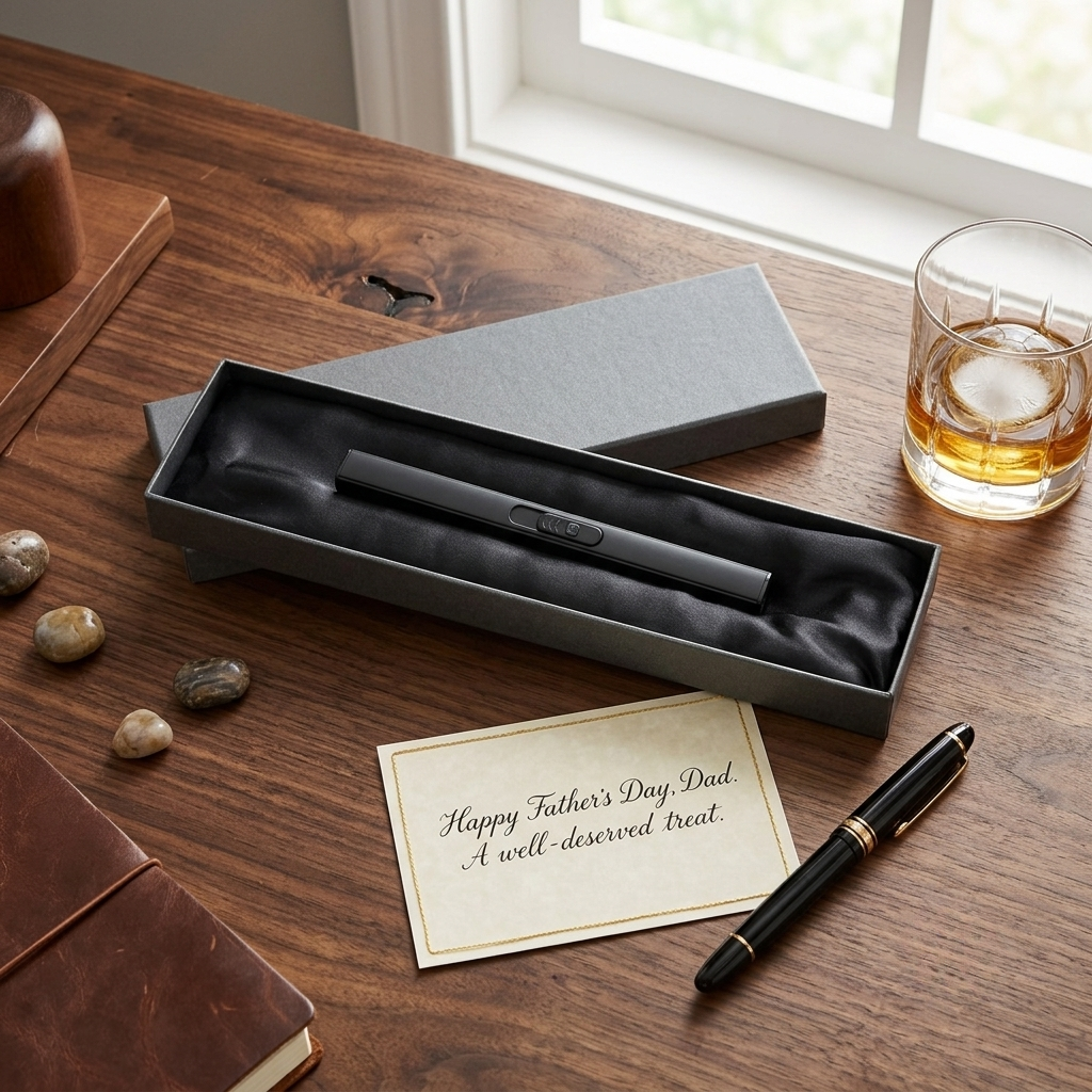 Personalized 7.25-inch black flameless plasma lighter with a sleek metal design, USB rechargeable battery, windproof performance, and long reach, making a practical Father's Day gift for dads who enjoy grilling, camping, and outdoor activities.