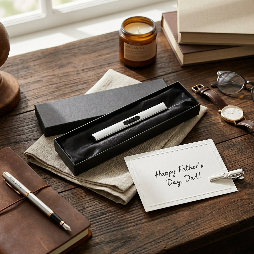 Silver flameless lighter with a sleek metal design, USB rechargeable battery, windproof performance, and safety features, making it a useful Father's Day gift.