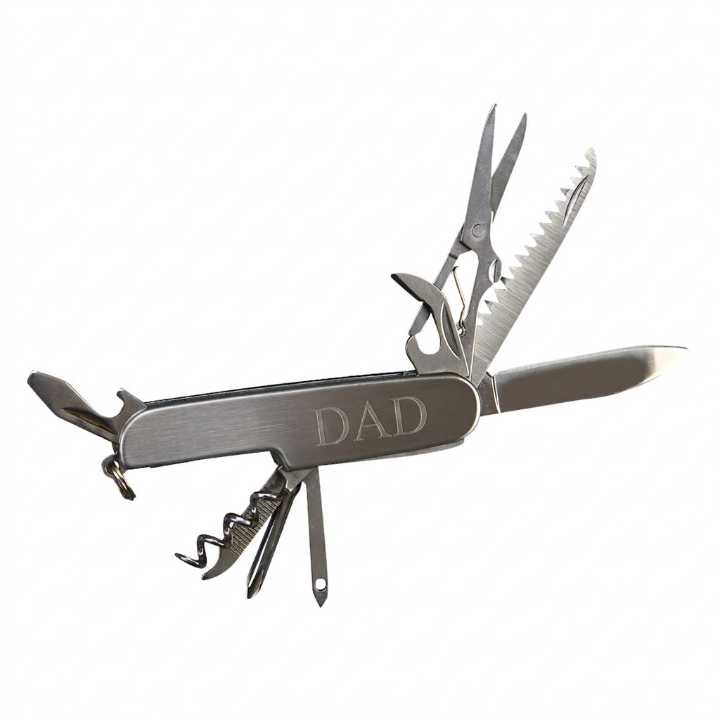 Folding 9-tool stainless steel pocket knife with scissors, corkscrew, saw blade, bottle opener, screwdrivers, and more, a versatile Father’s Day gift for outdoor enthusiasts and DIY dads.