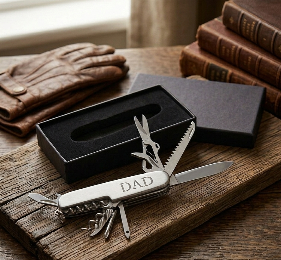 Folding 9-tool stainless steel pocket knife with scissors, corkscrew, saw blade, bottle opener, screwdrivers, and more, a versatile Father’s Day gift for outdoor enthusiasts and DIY dads.