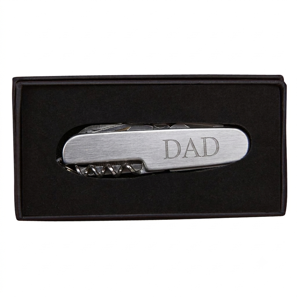 Folding 9-tool stainless steel pocket knife with scissors, corkscrew, saw blade, bottle opener, screwdrivers, and more, a versatile Father’s Day gift for outdoor enthusiasts and DIY dads.