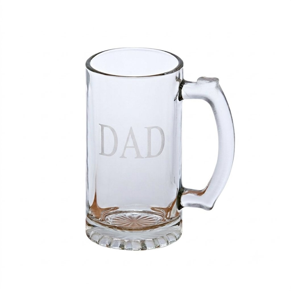 Traditional 16 oz glass pint tankard with a sturdy handle and heavy sham base, personalized for a memorable Father's Day gift.