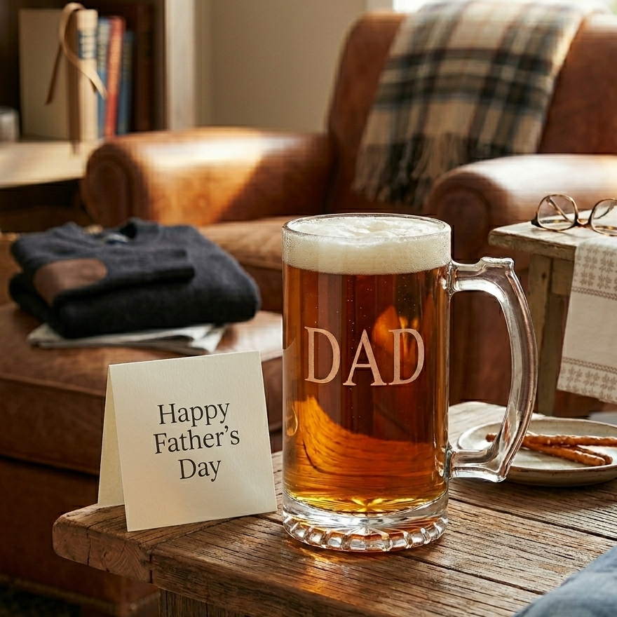 Traditional 16 oz glass pint tankard with a sturdy handle and heavy sham base, personalized for a memorable Father's Day gift.