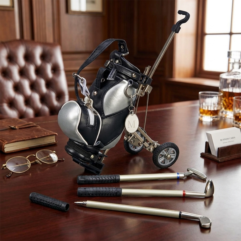 Golf cart pen set and holder featuring three golf club pens with hidden ink cartridges, a fun and functional Father's Day gift for golfers.