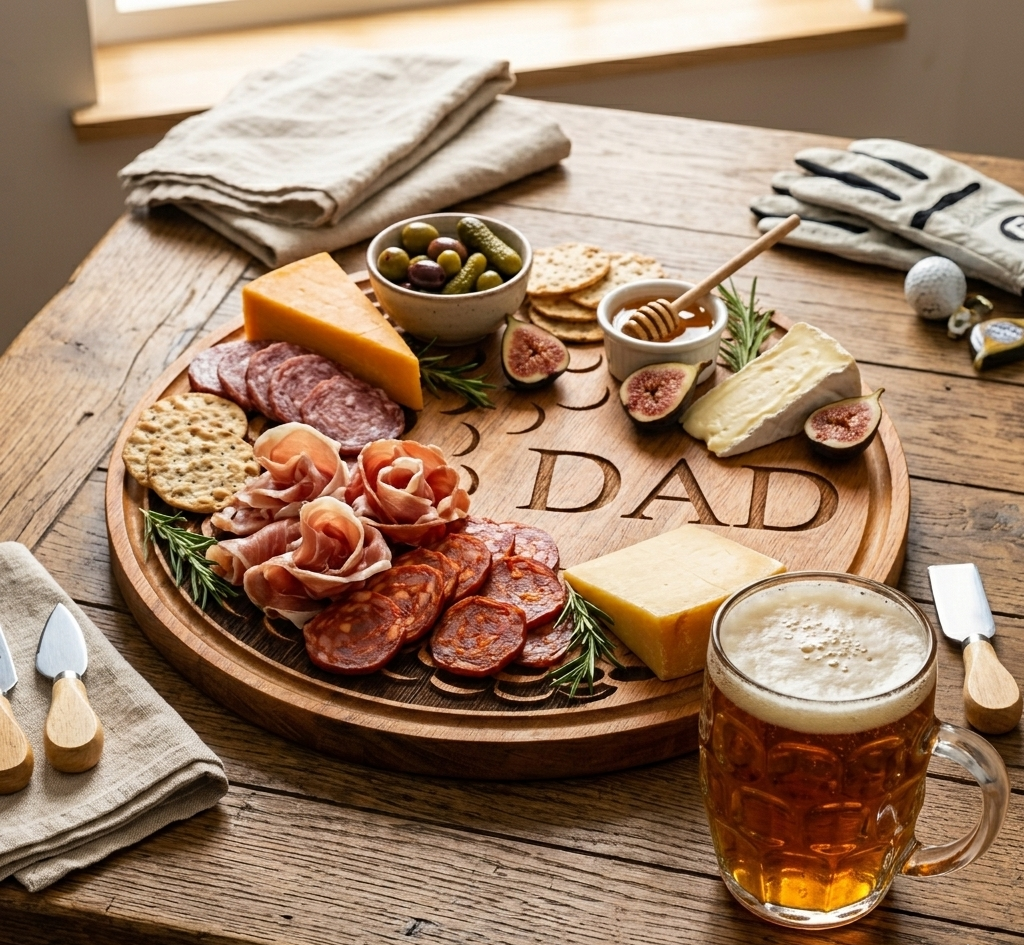 A 13-inch Golf ball-shaped wood charcuterie board engraved with "DAD," a unique Father's Day gift idea for golf-loving dads, ideal for entertaining and serving snacks.