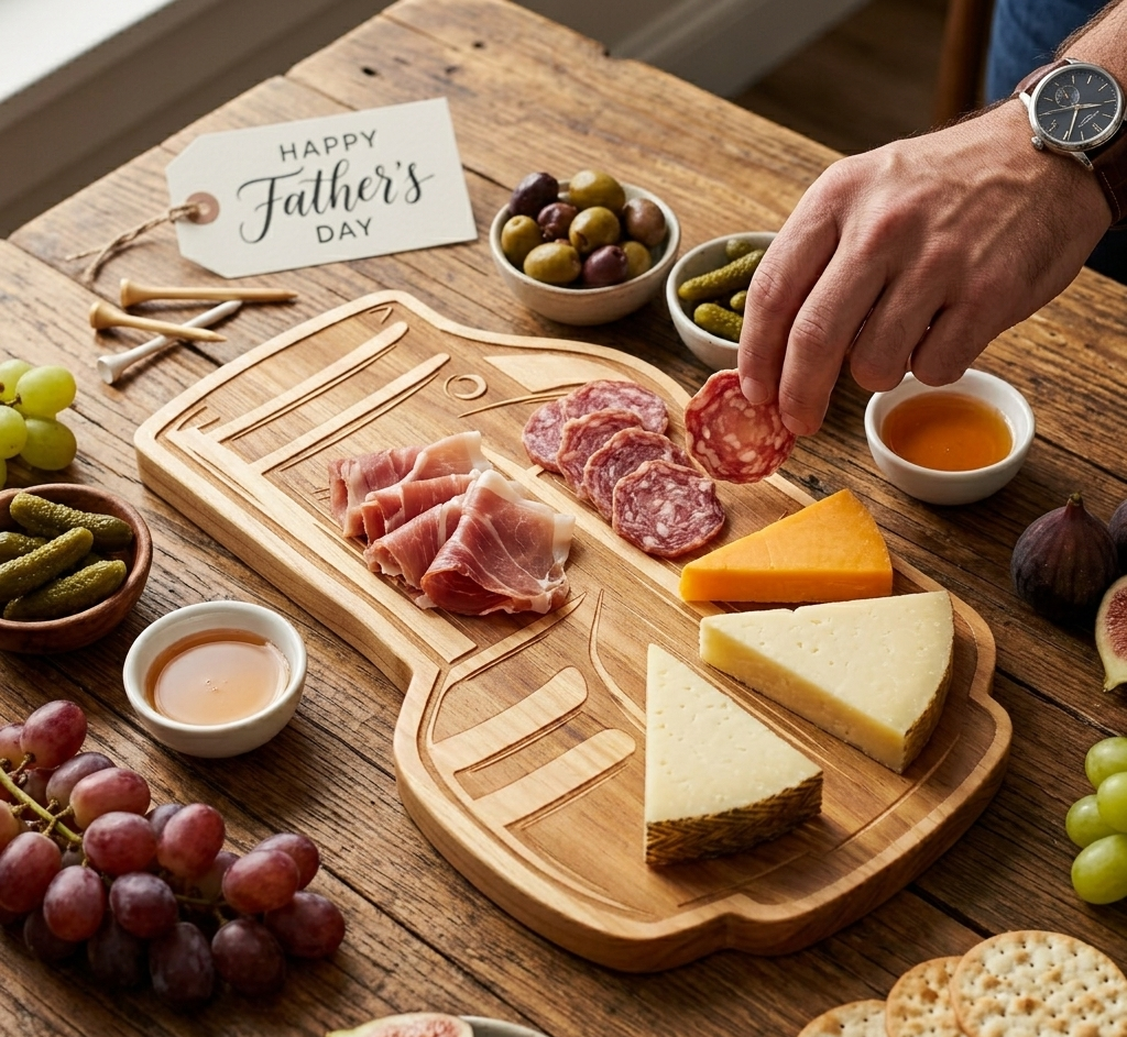 Golf club bag-shaped wood serving board, 12.75 x 19 inches, thoughtful Father's Day gift for golf-loving dads, perfect for charcuterie, cheese, and appetizers.