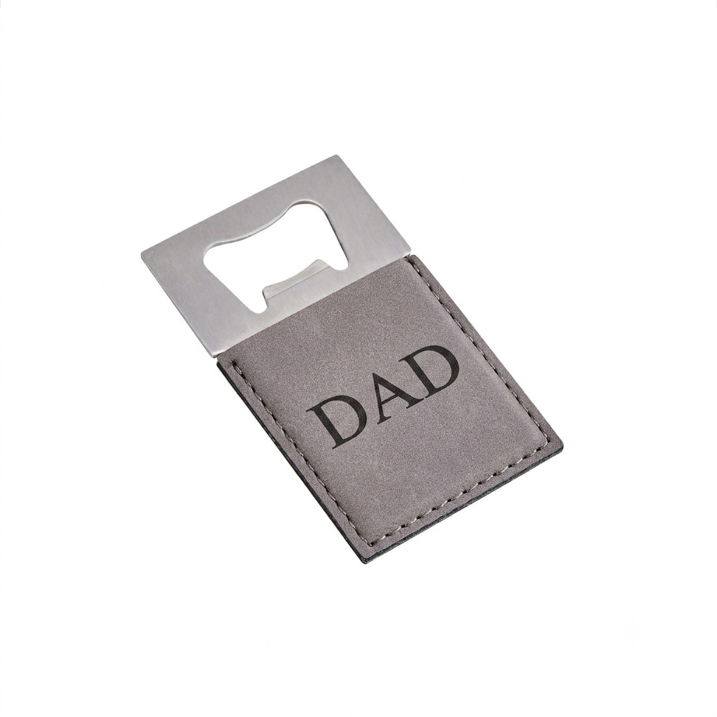 Grey leatherette and stainless steel bottle opener with a sleek design, black engraving option, and gift box packaging, making it a useful Father's Day gift.
