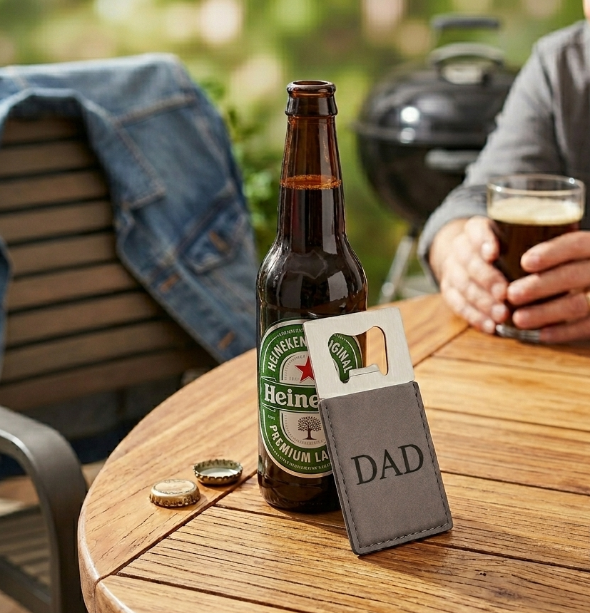 Grey leatherette and stainless steel bottle opener with a sleek design, black engraving option, and gift box packaging, making it a useful Father's Day gift.