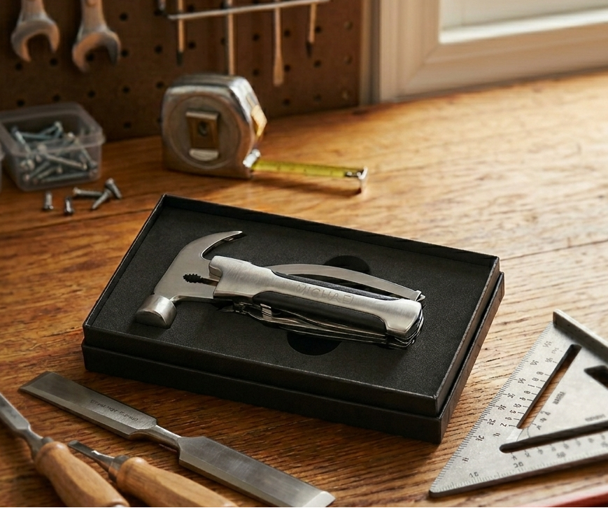 Hammer Multi Tool with 10-in-1 stainless steel design, featuring a hammer, pliers, knife, saw, screwdrivers, and bottle opener, includes a black pouch and gift box, making a practical Father's Day gift for Dad.