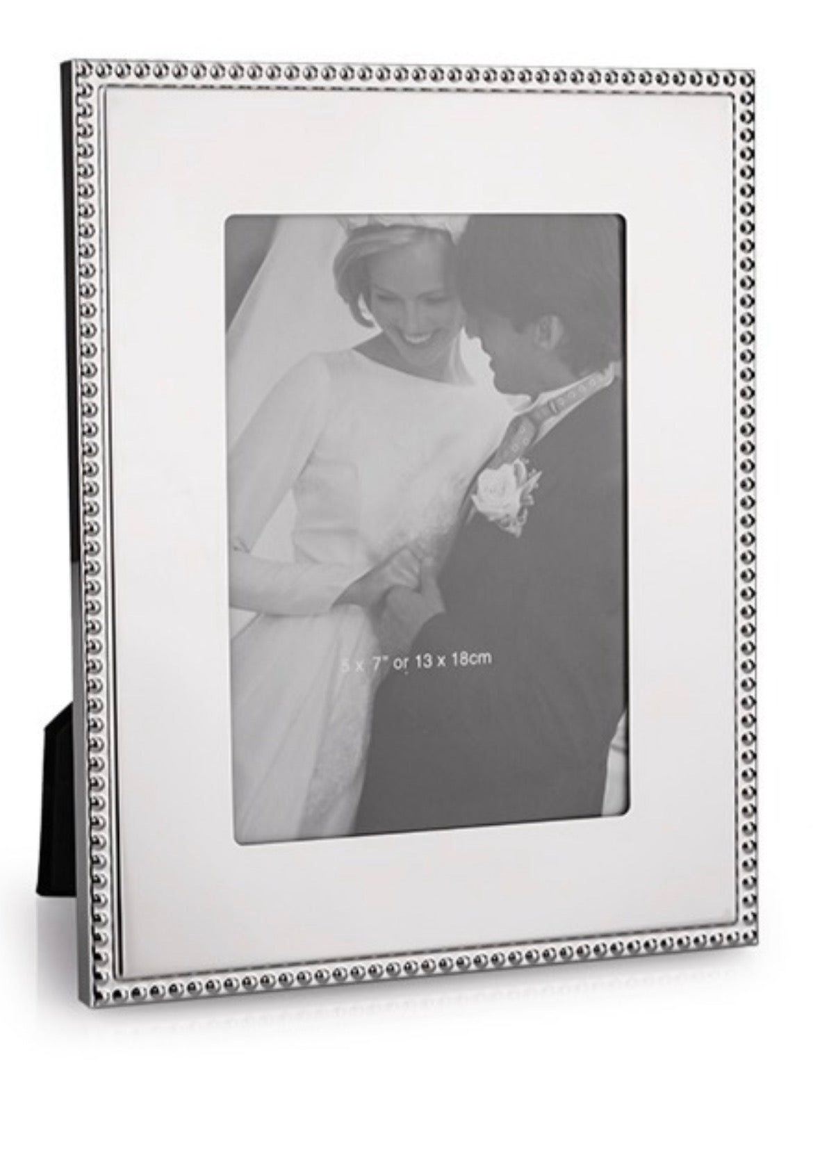 London 5 inch x 7 inch  photo frame featuring a bright metal finish and classic beaded edge, perfect for displaying treasured photos with timeless elegance.