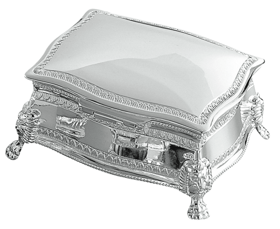 This antique-style personalized silver trinket box, ideal for custom engraving, features ornate detailing and four clawed feet.
