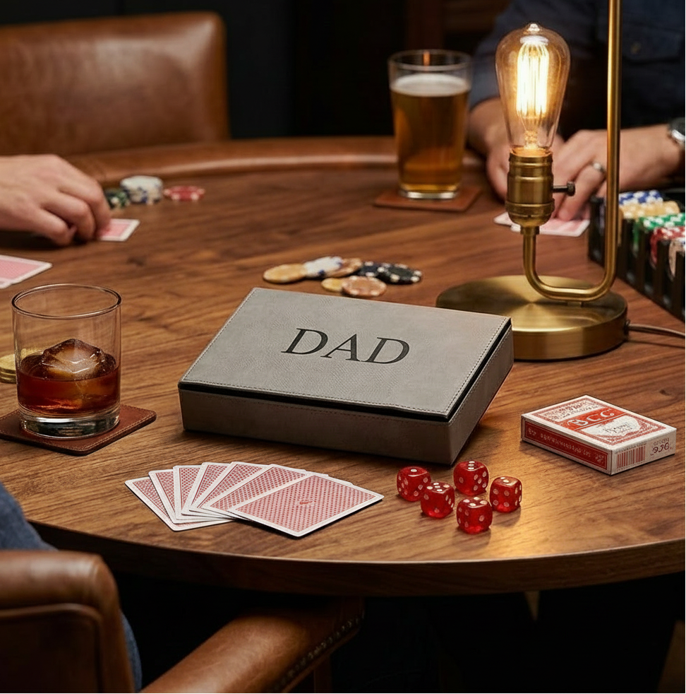 Leatherette 2 Card Deck Set in grey, 5" x 7.75", featuring a stylish storage case with two decks of playing cards, making a fun and practical Father’s Day gift for game nights, family gatherings, and leisure time.