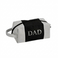 Black leatherette and canvas travel kit with a classic Dopp kit design, zipper closure, carry handle, and custom silver engraving, making it a practical Father's Day gift.