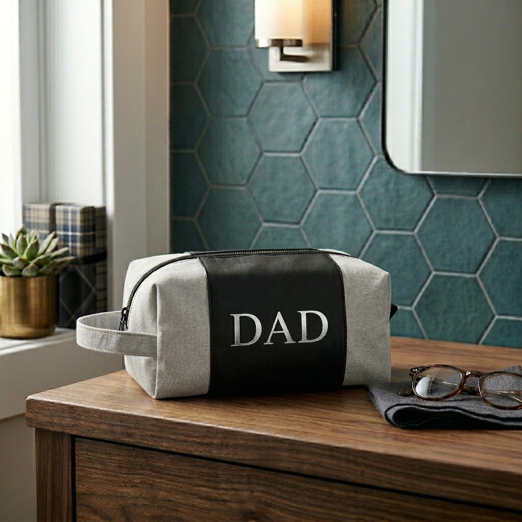 Black leatherette and canvas travel kit with a classic Dopp kit design, zipper closure, carry handle, and custom silver engraving, making it a practical Father's Day gift.