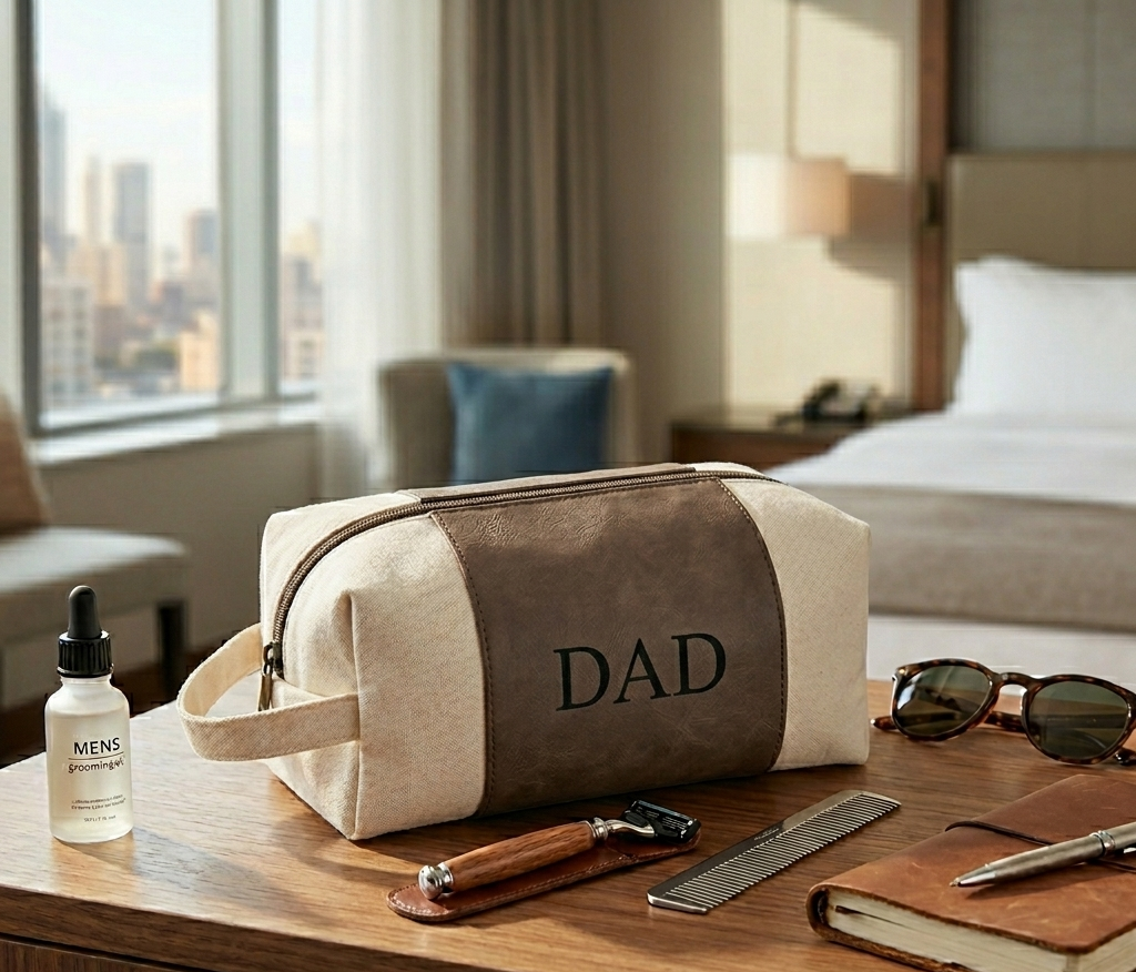 Grey leatherette and canvas travel kit with a classic Dopp kit design, zipper closure, and carry handle, a practical Father's Day gift for organizing travel and grooming essentials.