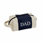 Navy leatherette and canvas travel kit with a classic Dopp kit design, zipper closure, and handle, a practical Father's Day gift for storing travel and grooming essentials.