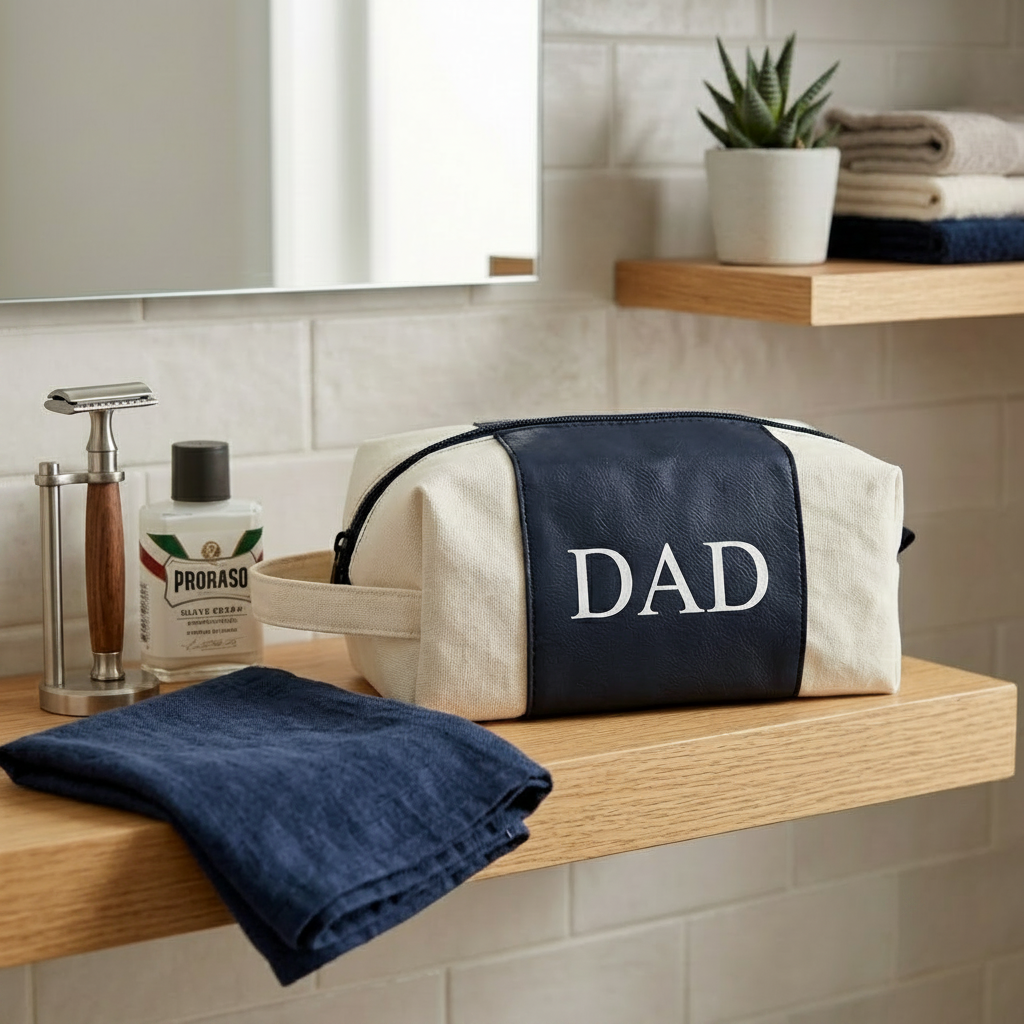 Navy leatherette and canvas travel kit with a classic Dopp kit design, zipper closure, and handle, a practical Father's Day gift for storing travel and grooming essentials.