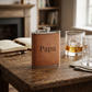 Caramel leatherette 8 oz flask with a hinged cap and sleek engraved finish, a stylish Father's Day gift that fits easily in a pocket or bag.