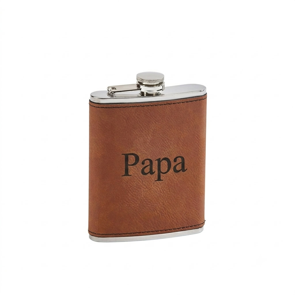 Caramel leatherette 8 oz flask with a hinged cap and sleek engraved finish, a stylish Father's Day gift that fits easily in a pocket or bag.