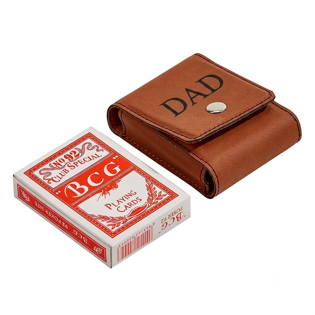 Caramel leatherette playing cards case with a snap closure, included deck of poker cards, black engraving option, and gift box packaging, making it a thoughtful Father's Day gift for card players.