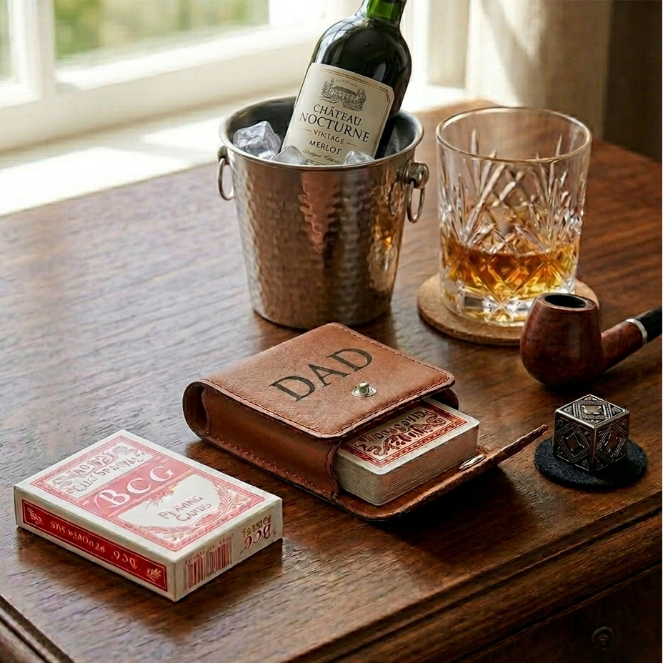 Caramel leatherette playing cards case with a snap closure, included deck of poker cards, black engraving option, and gift box packaging, making it a thoughtful Father's Day gift for card players.