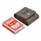 Grey leatherette playing card case with a snap closure and included poker cards, making a thoughtful Father’s Day gift for card game enthusiasts.