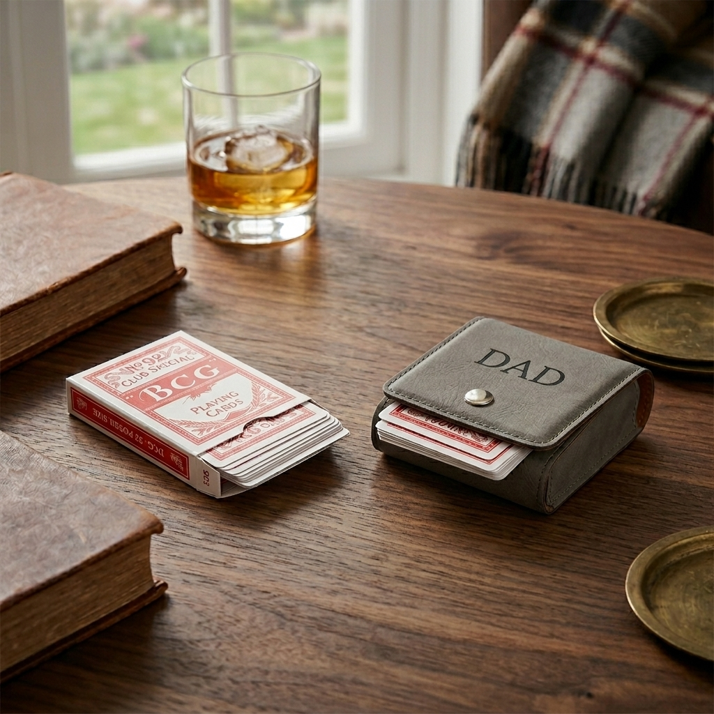 Grey leatherette playing card case with a snap closure and included poker cards, making a thoughtful Father’s Day gift for card game enthusiasts.