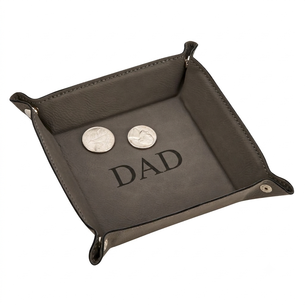 Grey Leatherette Snap Tray, 5-inch square valet tray with snap corners, perfect for organizing keys, coins, and everyday essentials. A practical Father's Day gift for dads who appreciate a tidy space.