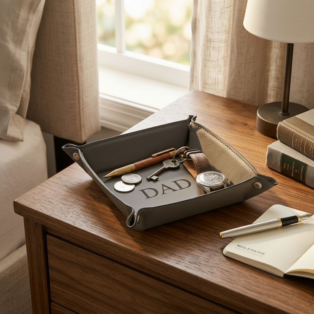 Grey Leatherette Snap Tray, 5-inch square valet tray with snap corners, perfect for organizing keys, coins, and everyday essentials. A practical Father's Day gift for dads who appreciate a tidy space.