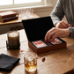 Leatherette 2-card deck set in caramel finish, featuring two playing card decks in a stylish storage case for game nights and travel.