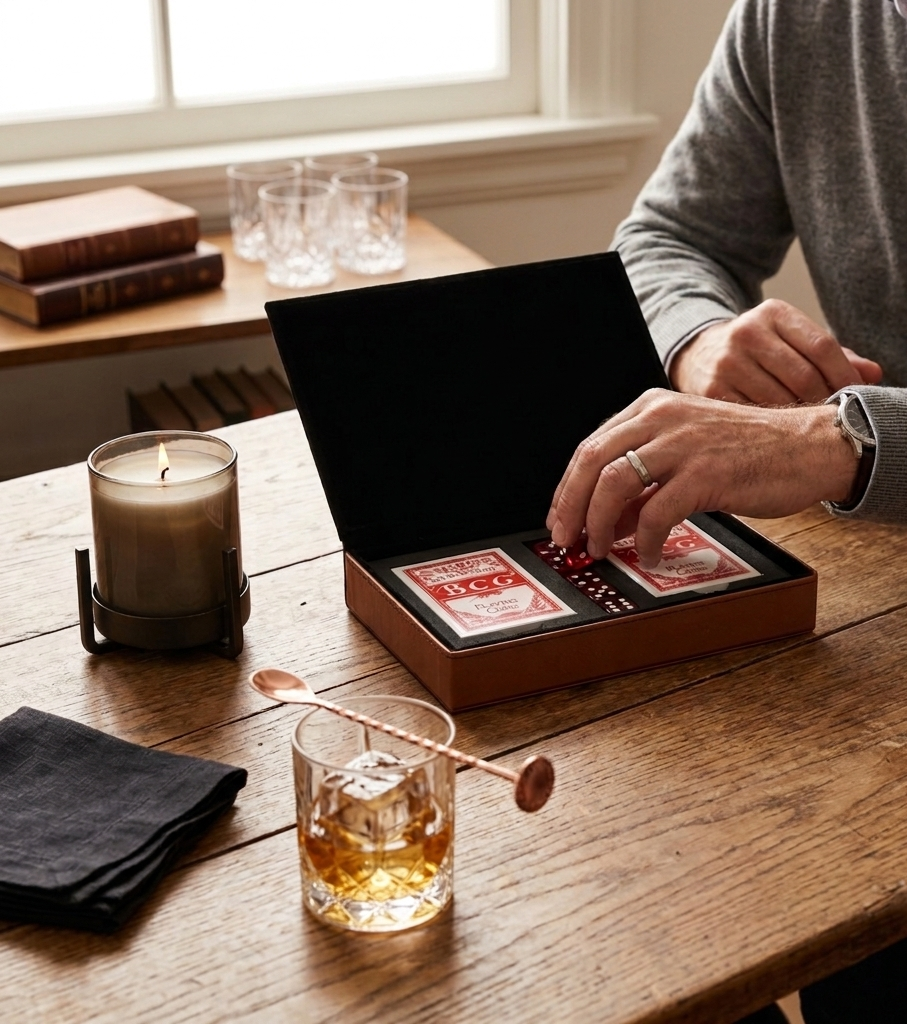 Leatherette 2-card deck set in caramel finish, featuring two playing card decks in a stylish storage case for game nights and travel.