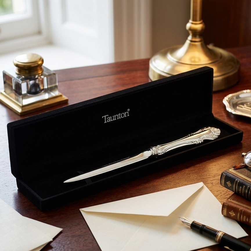 Silver-plated 8-inch letter opener with an ornate King's pattern handle, presented in a black velveteen gift box, making a distinguished Father's Day gift.